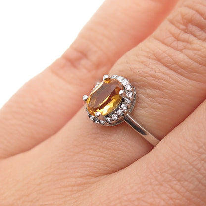 925 Sterling Silver Real Oval-Cut Citrine & Round-Cut C Z Ring Size 6
