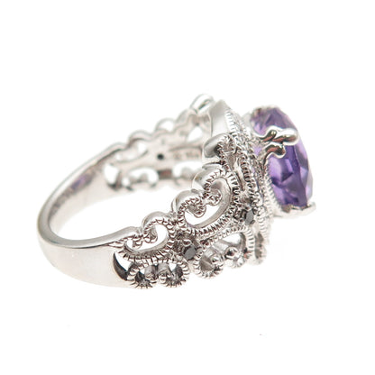 925 Sterling Silver Real Round-Cut Diamond Accent & Amethyst Ring Size 6