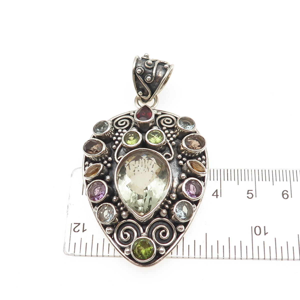 NATHI Sterling Silver Vintage Real Topaz Amethyst Peridot Quartz Garnet Pendant
