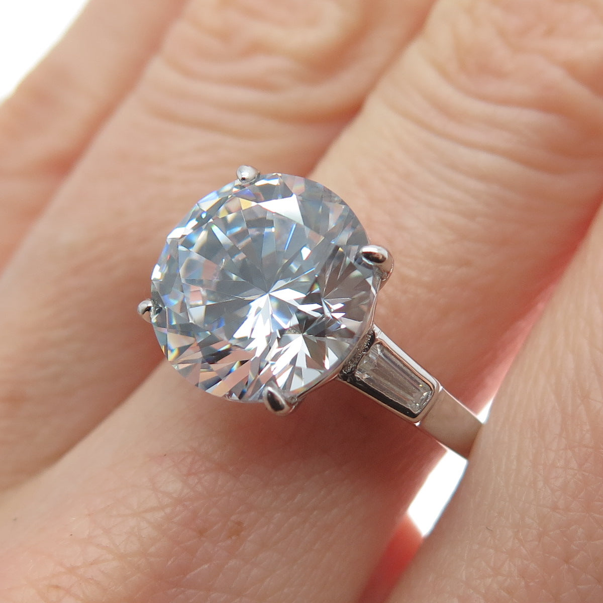 DSMK 925 Sterling Silver Round & Tapered Baguette-Cut C Z Engagement Ring Size 8