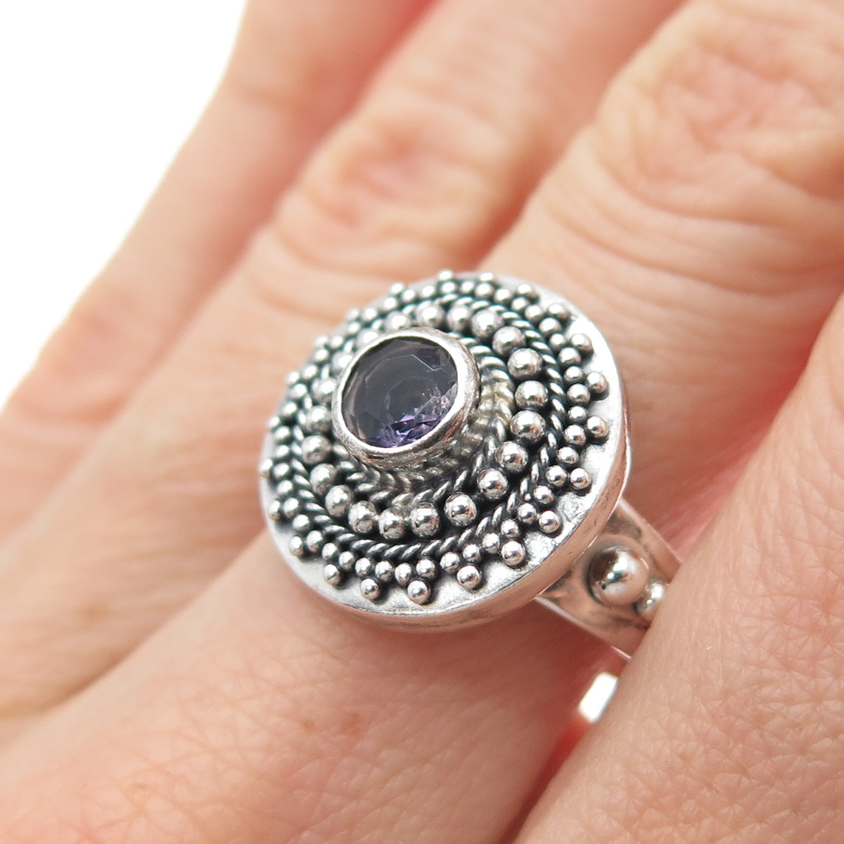 BC Silver Ned Bowman Sterling Vintage Real Amethyst Beaded Oxidized Ring Size 9