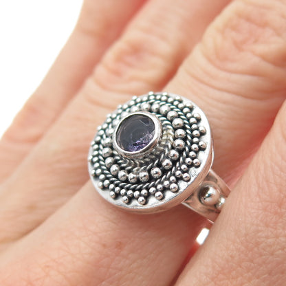 BC Silver Ned Bowman Sterling Vintage Real Amethyst Beaded Oxidized Ring Size 9