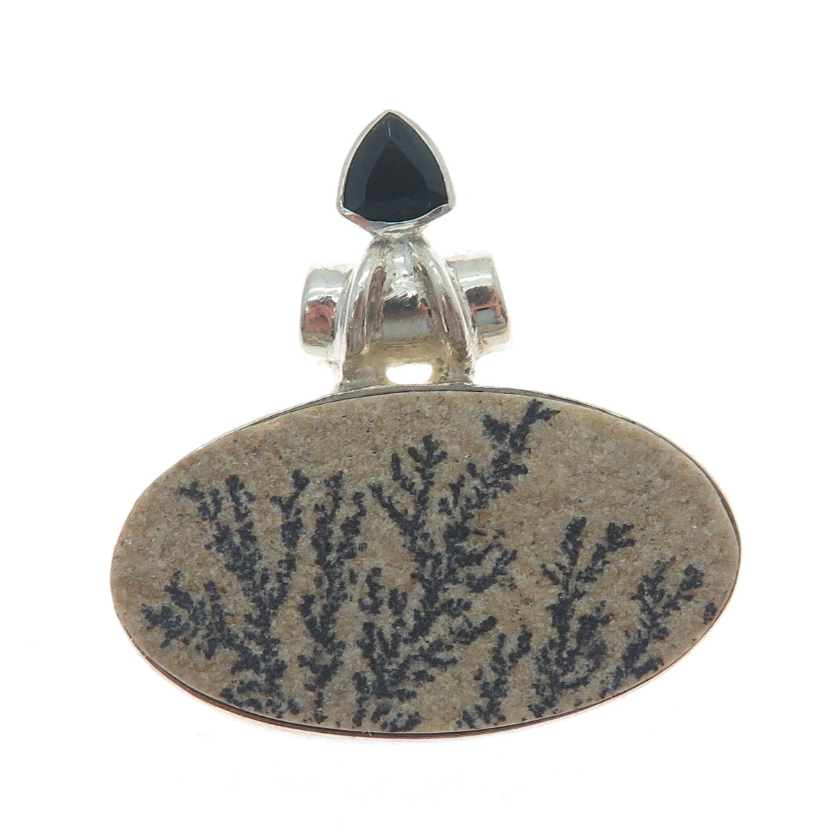 925 Sterling Silver Vintage Real Dendritic Psilomelane & Spinel Slide Pendant