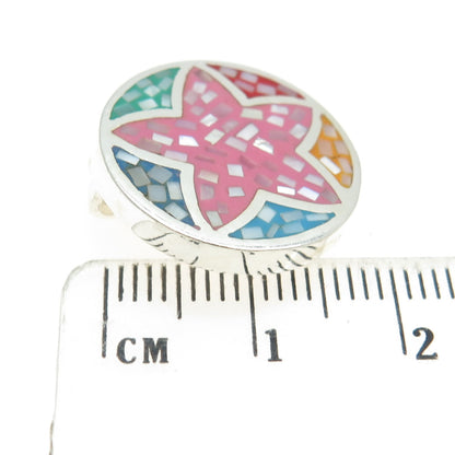 925 Sterling Silver Vintage Enamel Real MOP Inlay Round Pendant