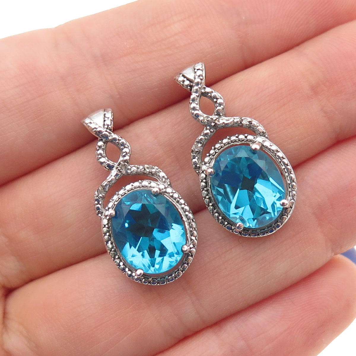 CHUCK CLEMENCY 925 Sterling Silver Real Diamond Accent & Apatite Dangle Earrings