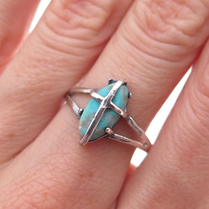 925 Sterling Silver Vintage Real Turquoise Cross Oxidized Ring Size 8.5