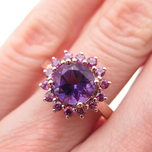 925 Sterling Silver Rose Gold Plated Vintage Real Amethyst Ring Size 6.25