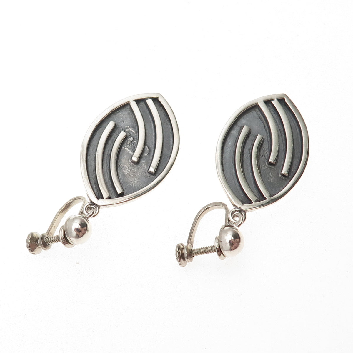 925 Sterling Silver Vintage Mexico Modernist Oxidized Dangle Screw Back Earrings