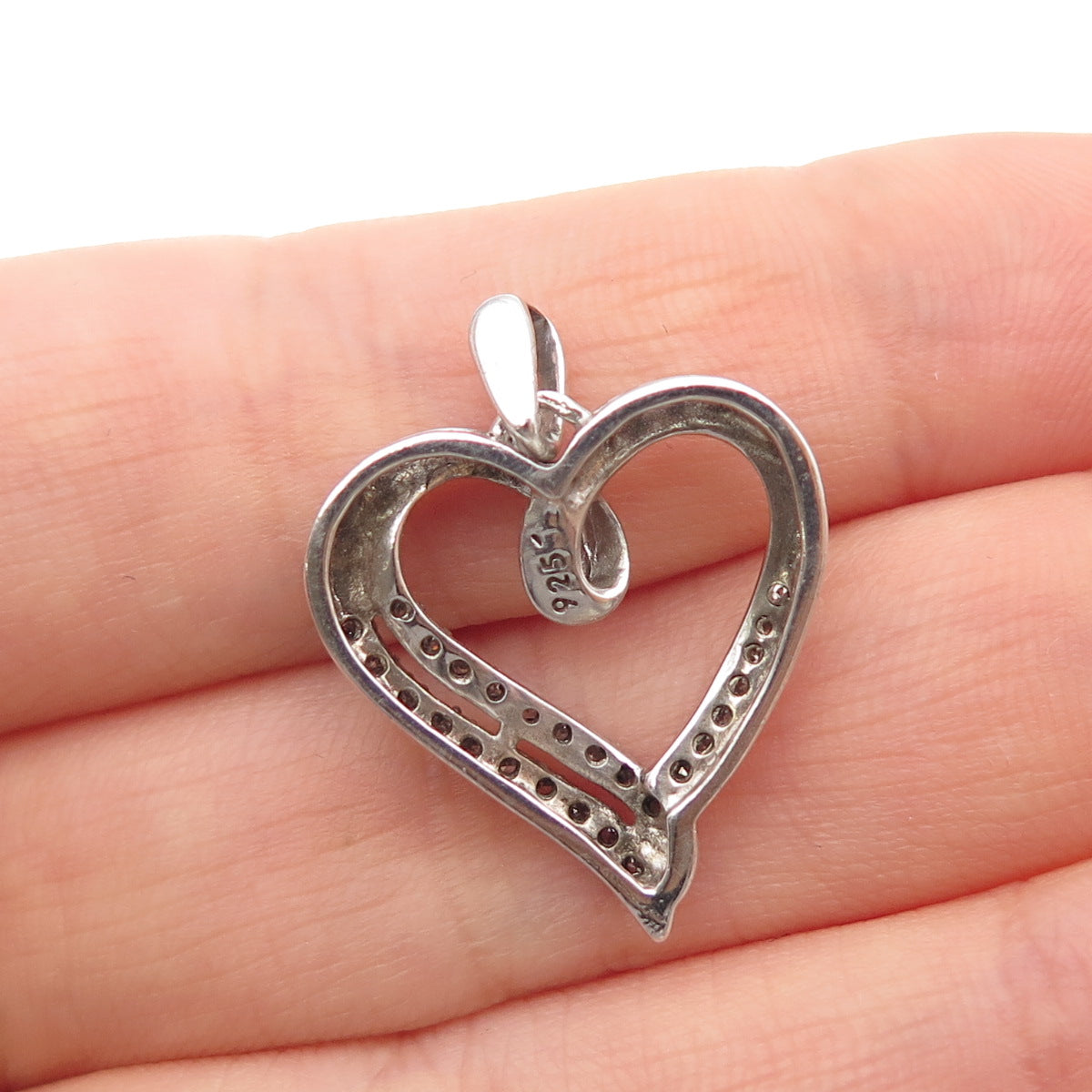 925 Sterling Silver Real Round-Cut Diamond Heart Charm Pendant