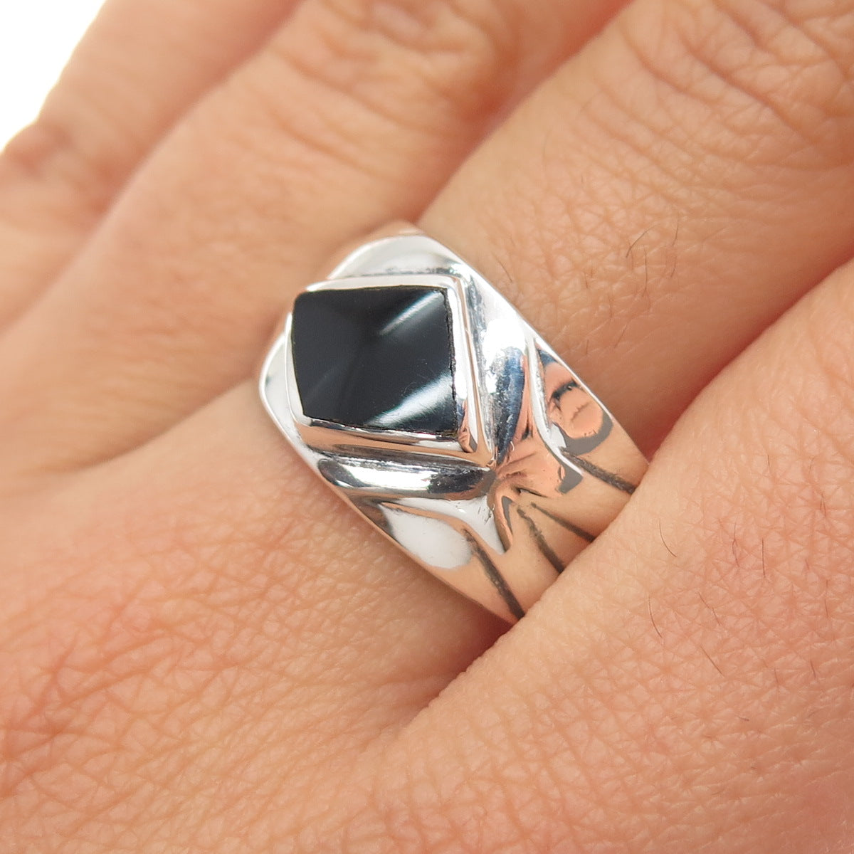 CHAPAL ZENRAY 925 Sterling Silver Vintage Black Onyx Modernist Ring Size 9.25