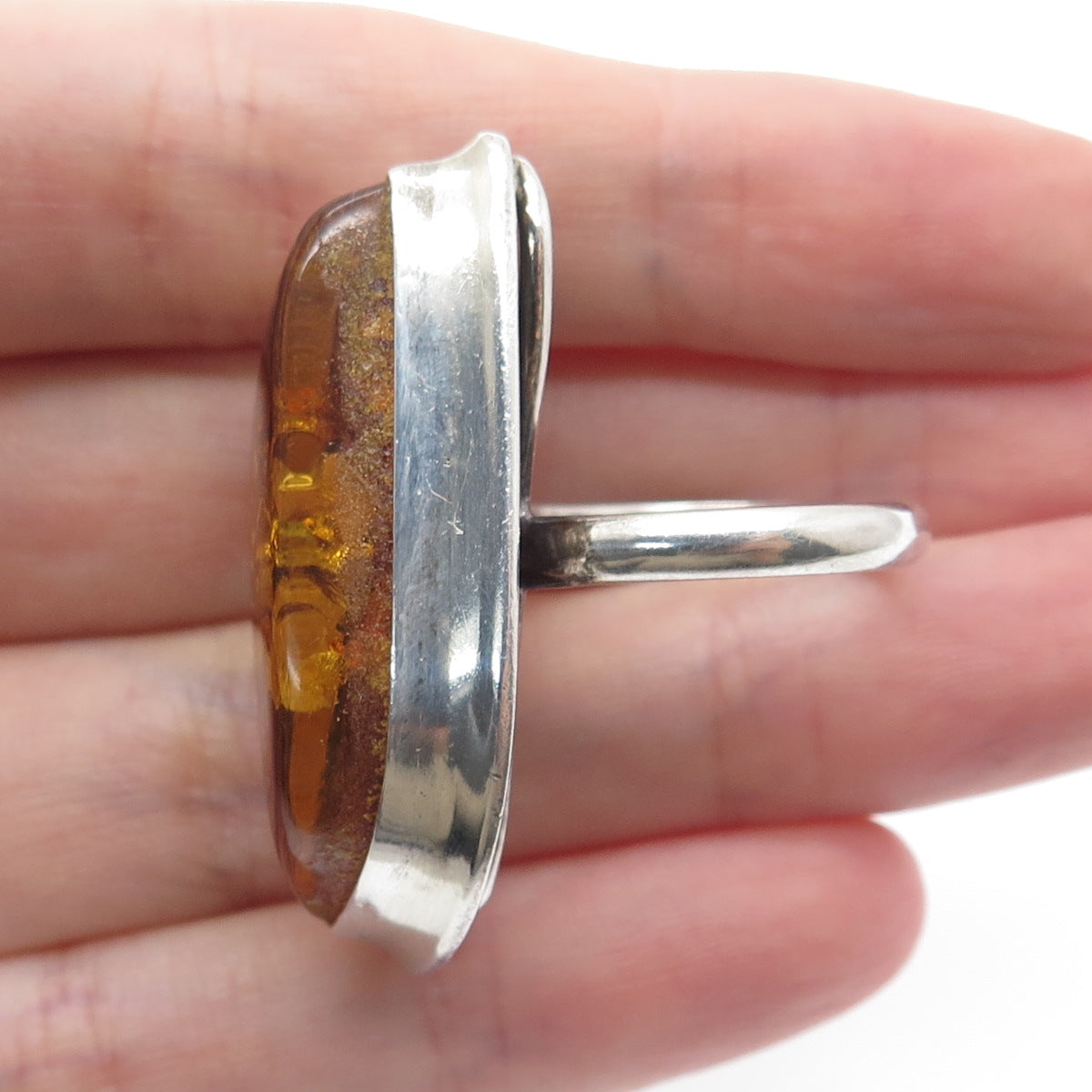 925 Sterling Silver Vintage Poland Real Amber Modernist Ring Size 8.5