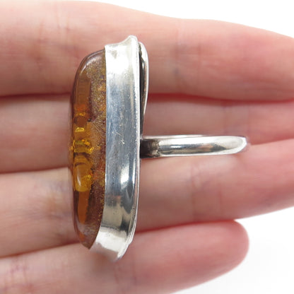 925 Sterling Silver Vintage Poland Real Amber Modernist Ring Size 8.5