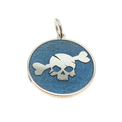 925 Sterling Silver Blue Enamel Skull & Bone Round Tag Minimalist Charm Pendant