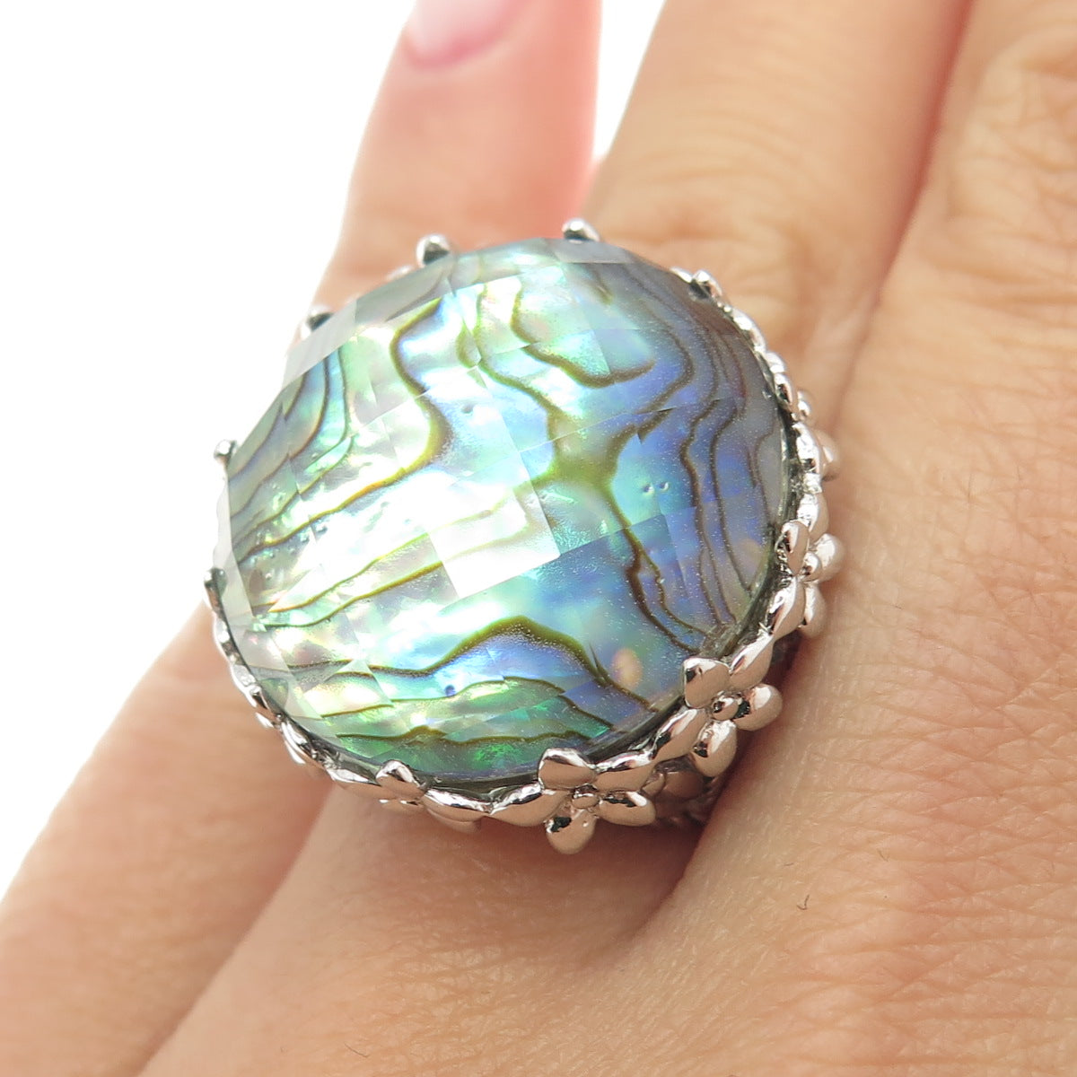 925 Sterling Silver Real Doublet Abalone Shell Floral Wide Ring Size 6.25