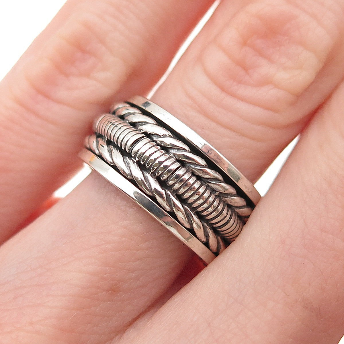 925 Sterling Silver Vintage Snake Rope Oxidized Rotating Band Ring Size 6