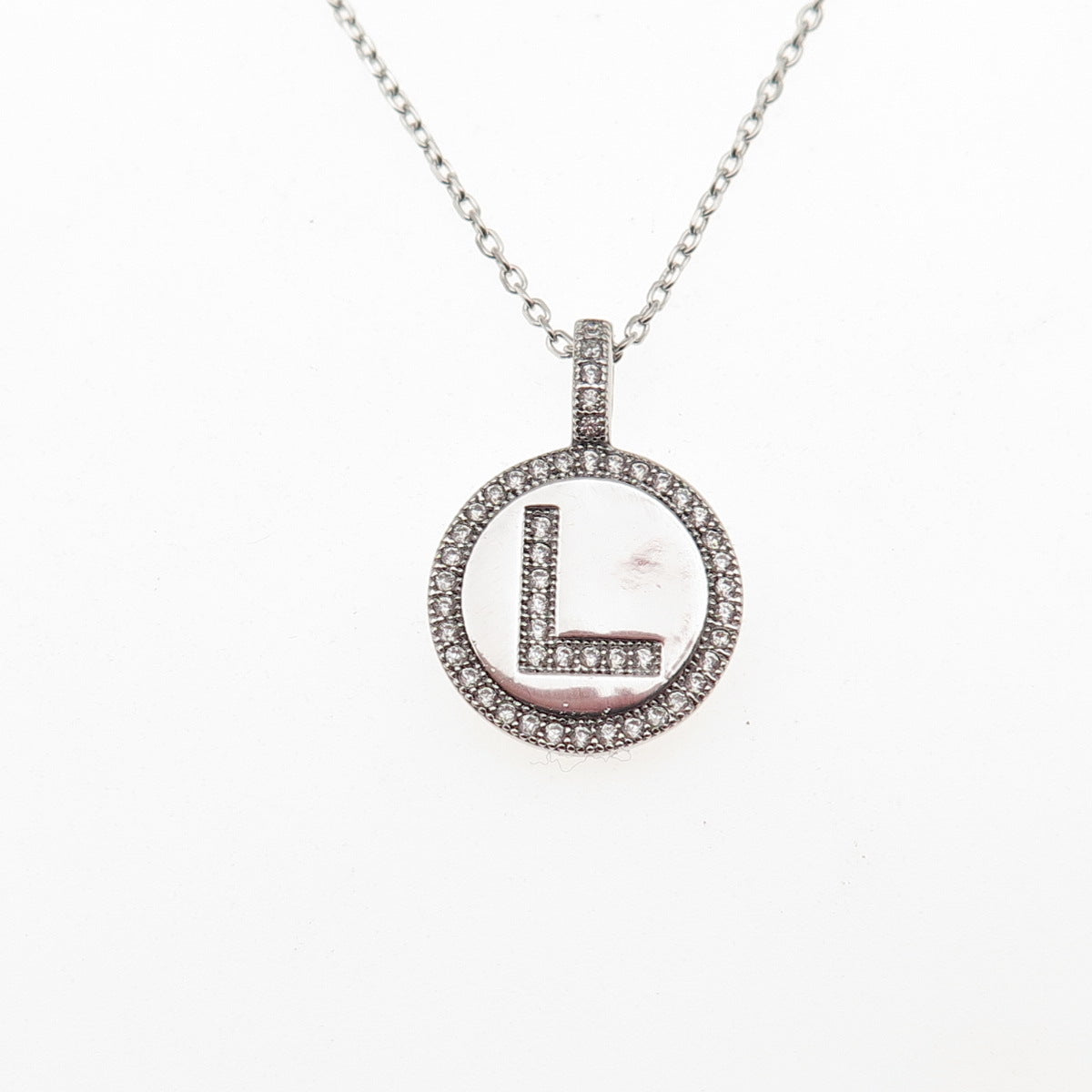 925 Sterling Silver Round-Cut C Z Letter L Tag Cable Chain Necklace 16-18"