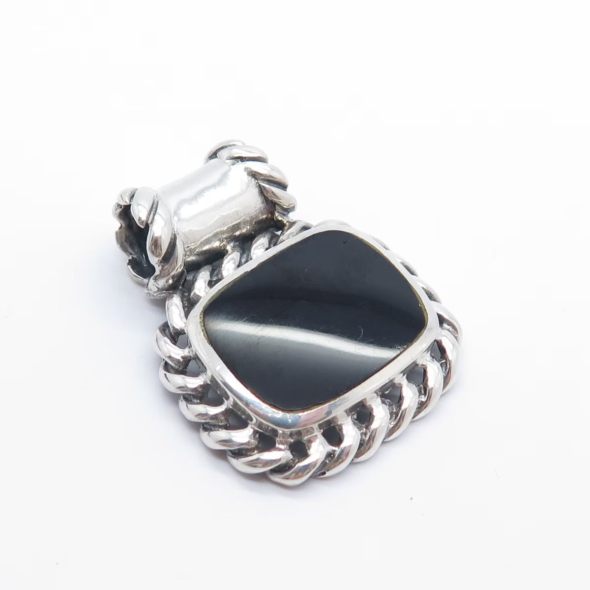 925 Sterling Silver Vintage Real Black Onyx Gemstone Ornate Pendant