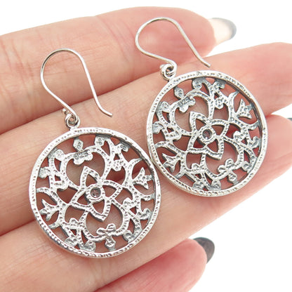 925 Sterling Silver Round-Cut C Z Ornate Floral Round Dangling Earrings