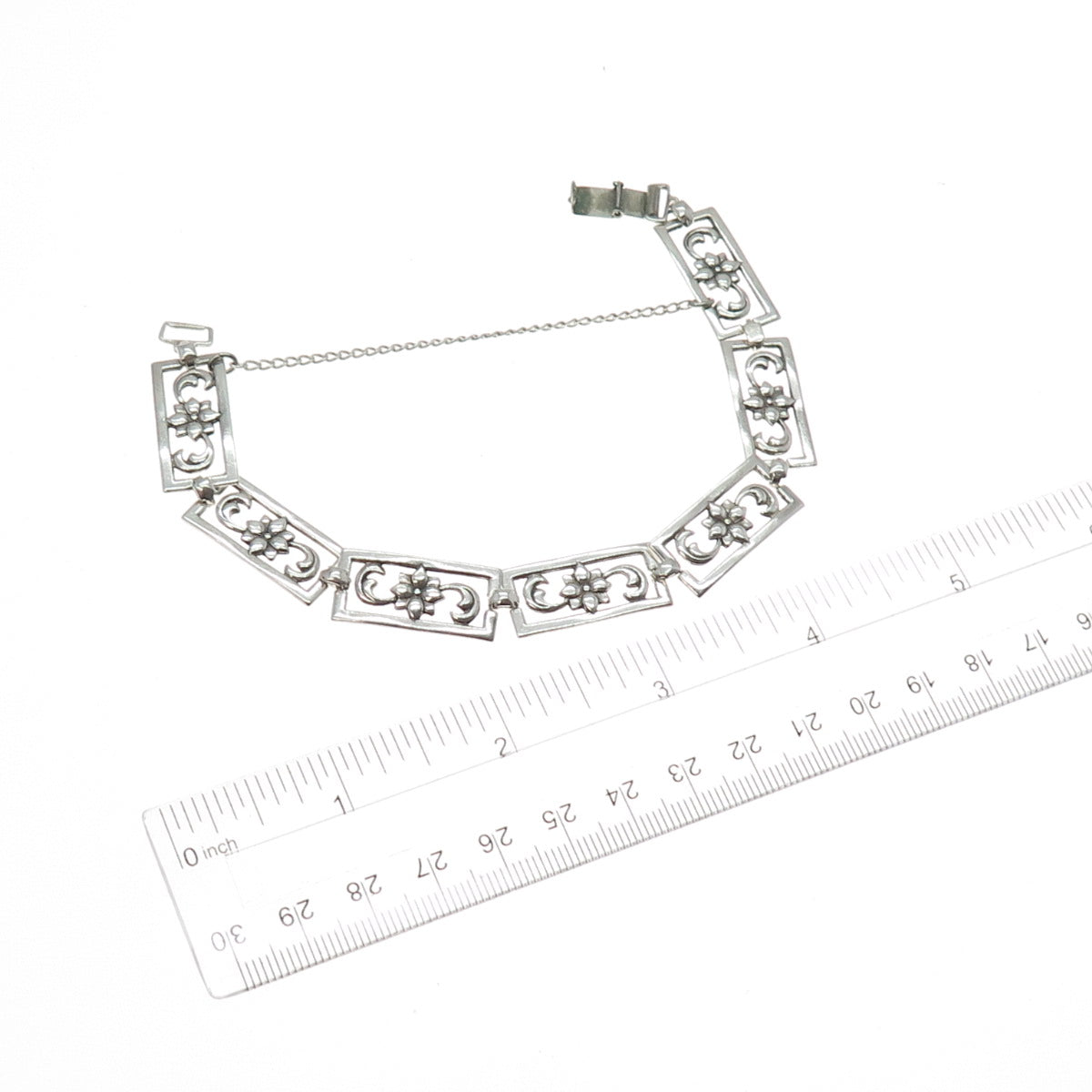 925 Sterling Silver Antique Art Deco Flower Blossom Panel Link Bracelet 7.75"