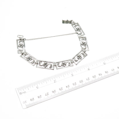 925 Sterling Silver Antique Art Deco Flower Blossom Panel Link Bracelet 7.75"