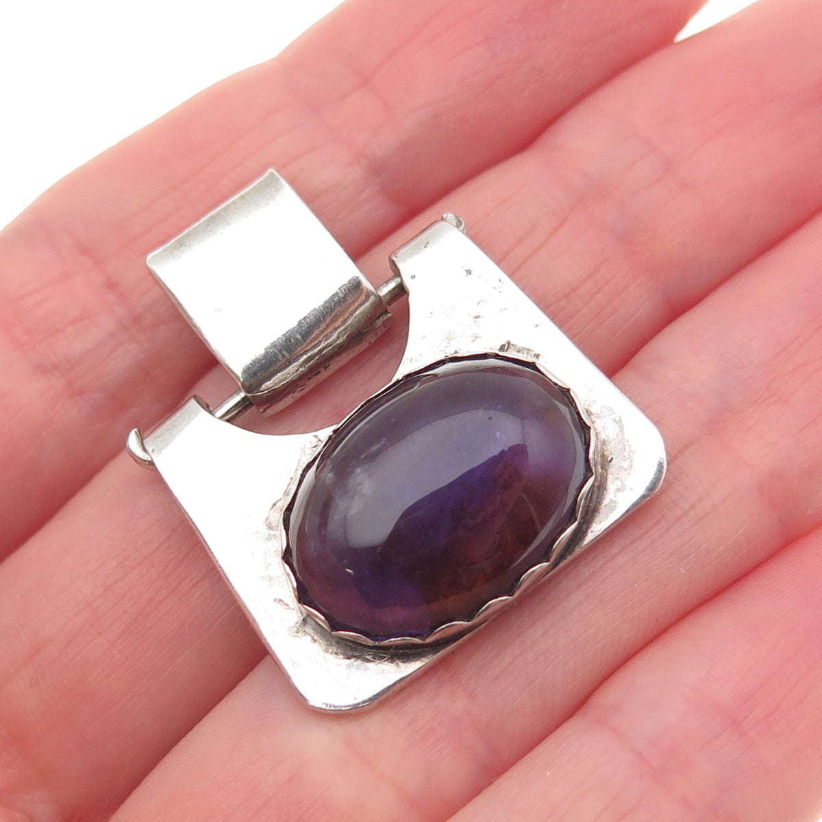 925 Sterling Silver Vintage Real Amethyst Modernist Pendant