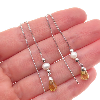 925 Sterling Silver Real Pearl & Lemon Quartz Chain Drop Earrings