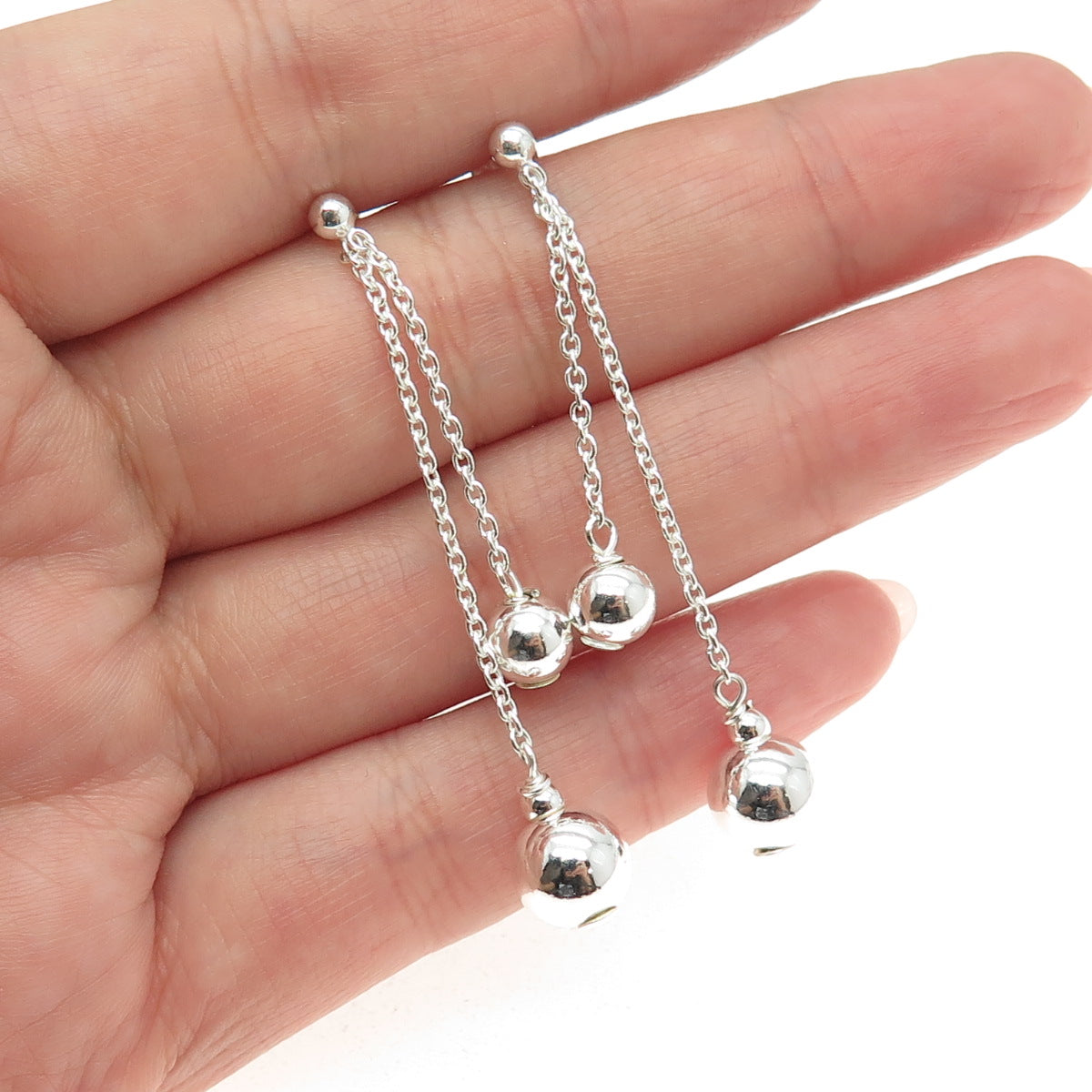 925 Sterling Silver Beaded Cable Chain Dangling Earrings