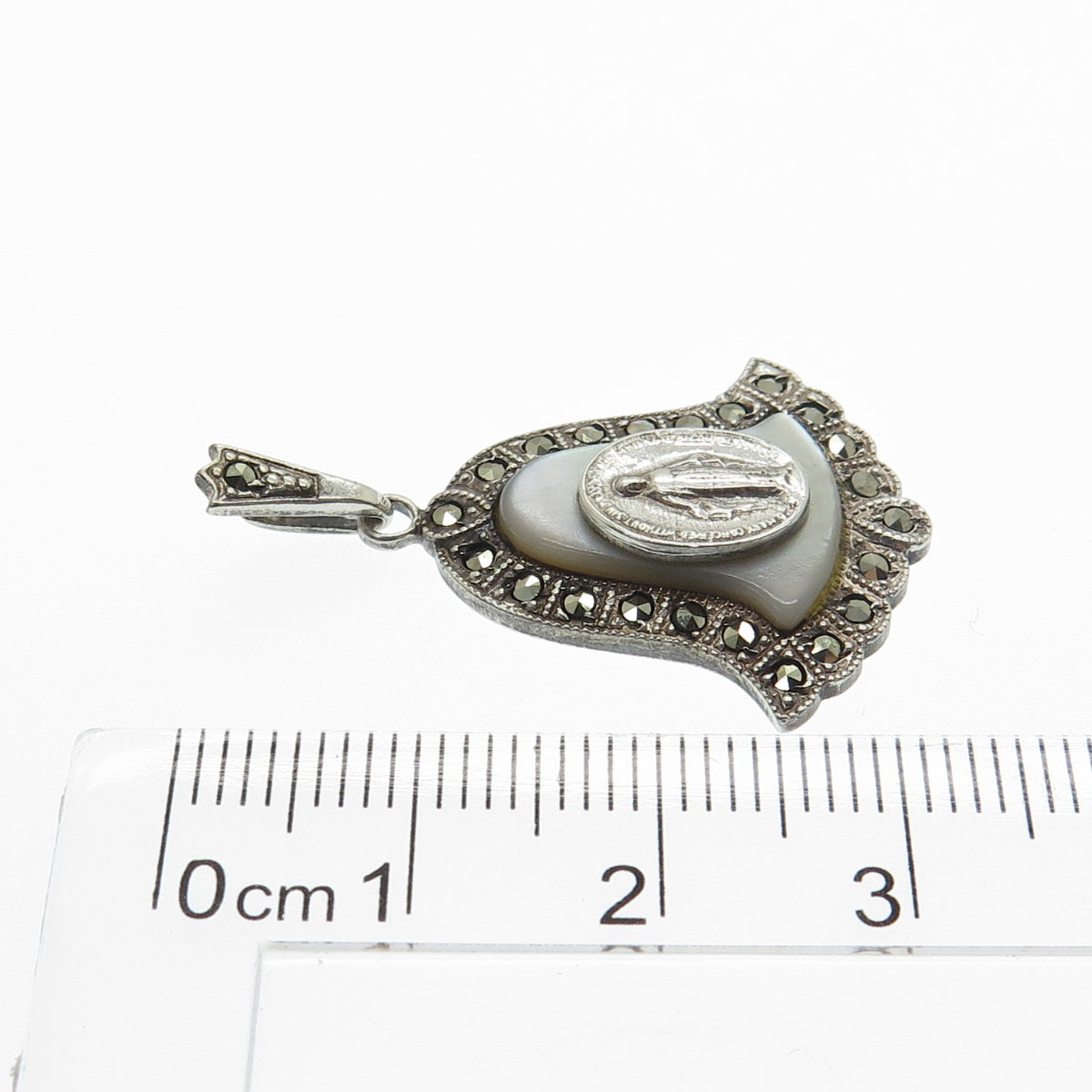 THEDA Sterling Silver Antique Art Deco Real MOP Marcasite St. Mary Bell Pendant