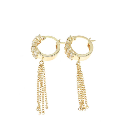 925 Sterling Silver Gold Plated Round-Cut C Z Tassel Hoop Dangling Earrings