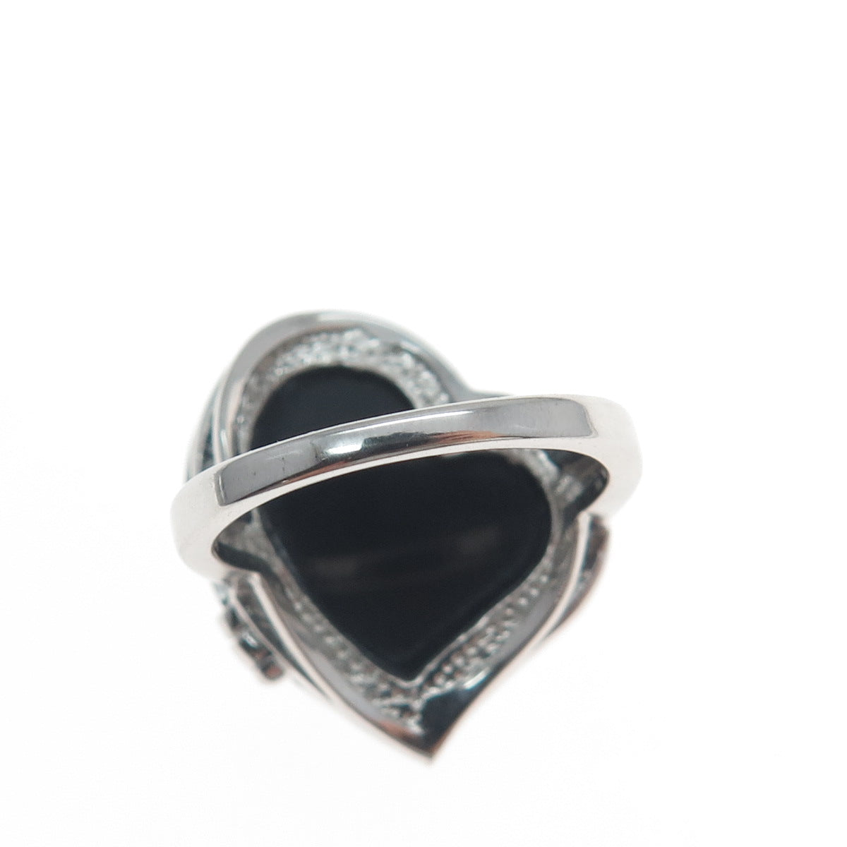 925 Sterling Silver Real Black Onyx Gem & C Z Heart Cutout Locket Ring Size 7
