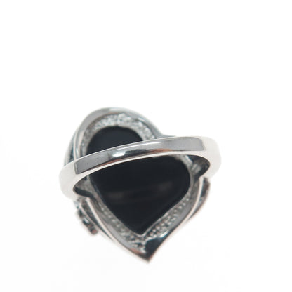 925 Sterling Silver Real Black Onyx Gem & C Z Heart Cutout Locket Ring Size 7