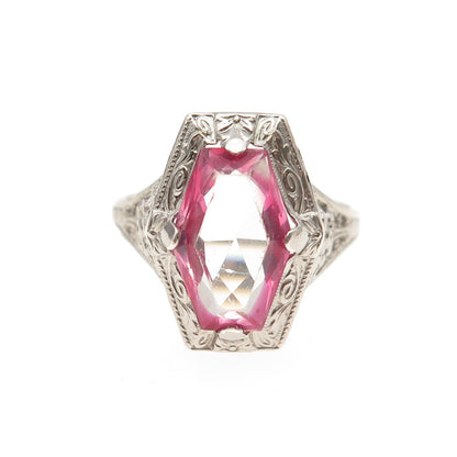 925 Sterling Silver Antique Art Deco Pink Rhinestone Ring Size 7.25