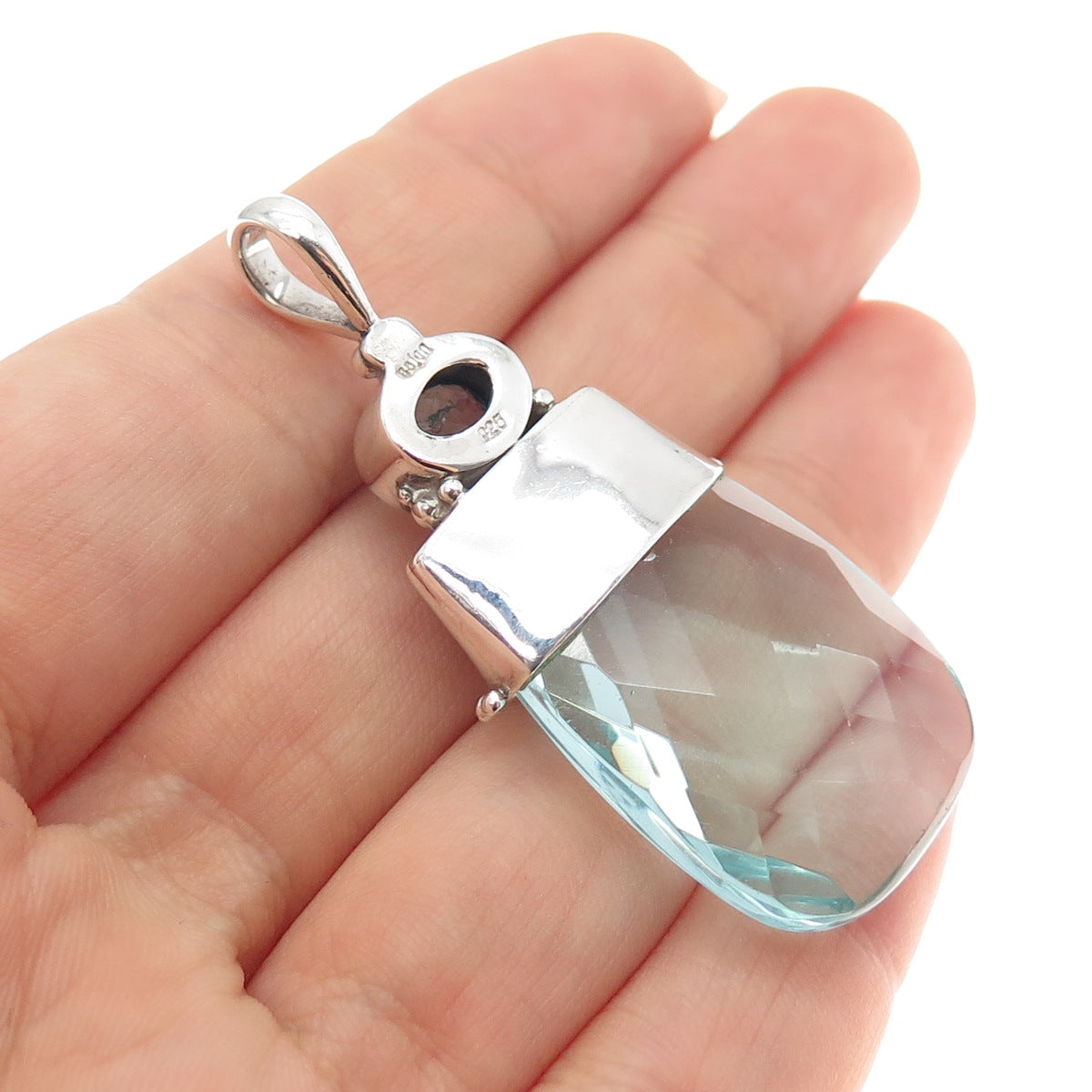 SAJEN 925 Sterling Silver Vintage Glass Real Blue Topaz Modernist Pendant