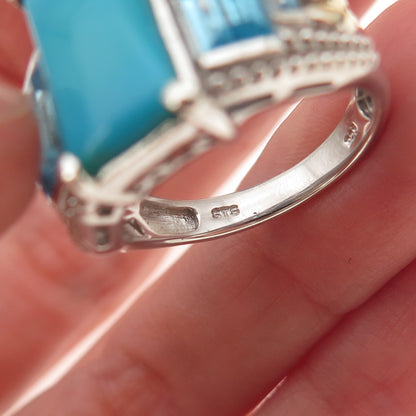 Chuck Clemency 925 Sterling Silver Real Turquoise & Blue Topaz Ring Size 8.25