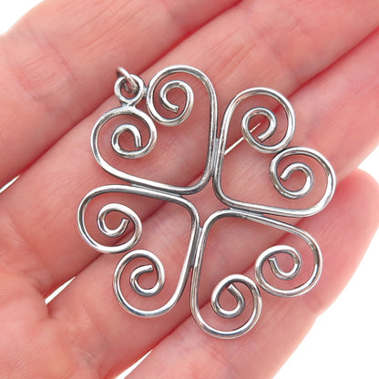925 Sterling Silver Vintage Heart Clover Good Luck Oxidized Charm Pendant