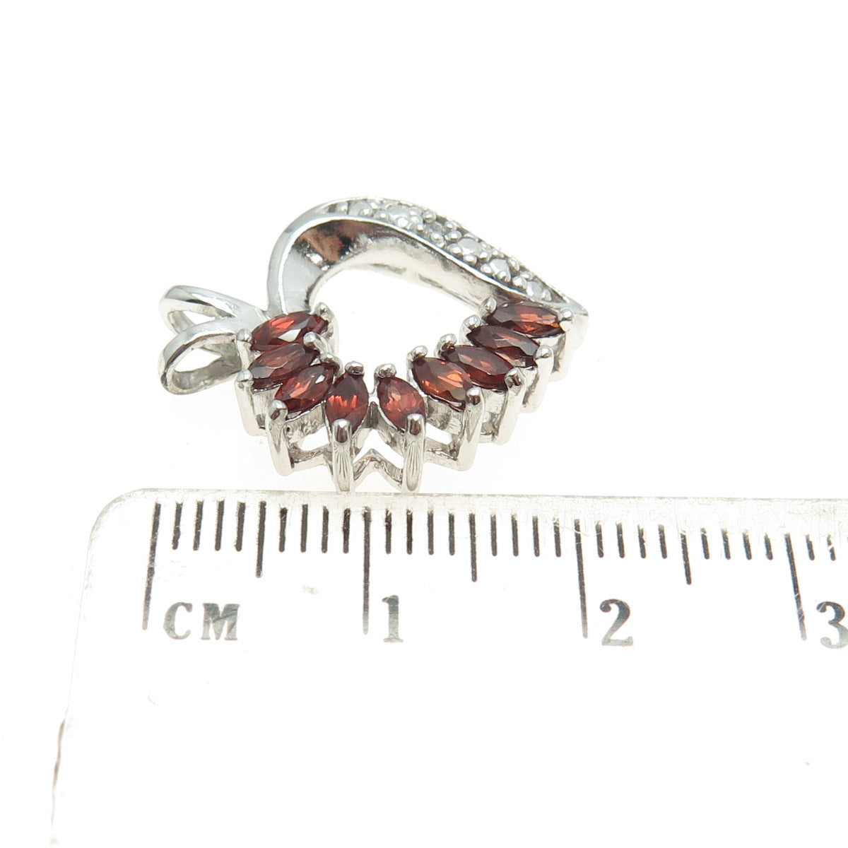 925 Sterling Silver Real Diamond Accent & Red Garnet Gemstone Open Heart Pendant