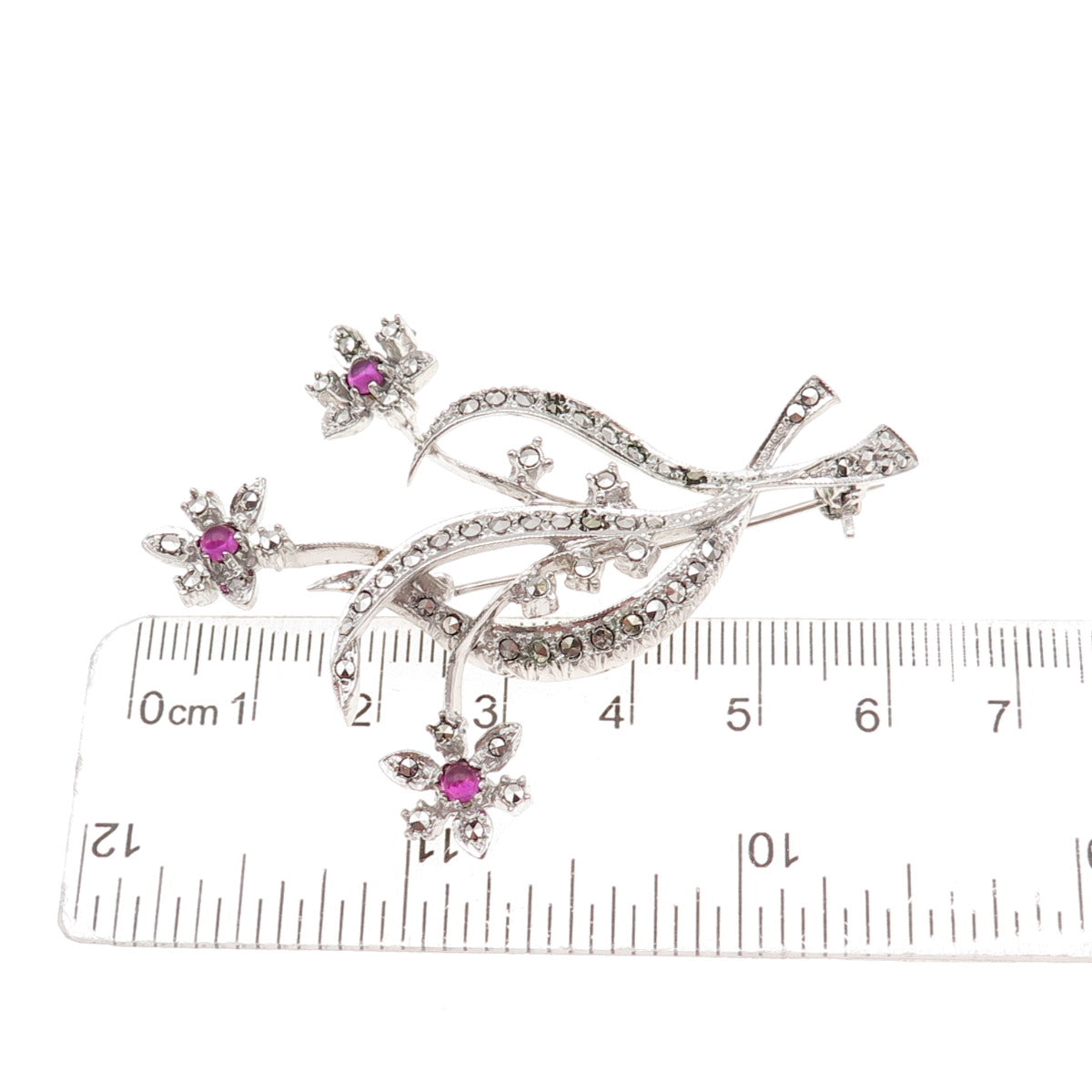 835 Silver Antique Art Deco Lab-Created Ruby & Real Marcasite Floral Pin Brooch