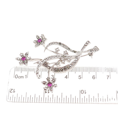 835 Silver Antique Art Deco Lab-Created Ruby & Real Marcasite Floral Pin Brooch