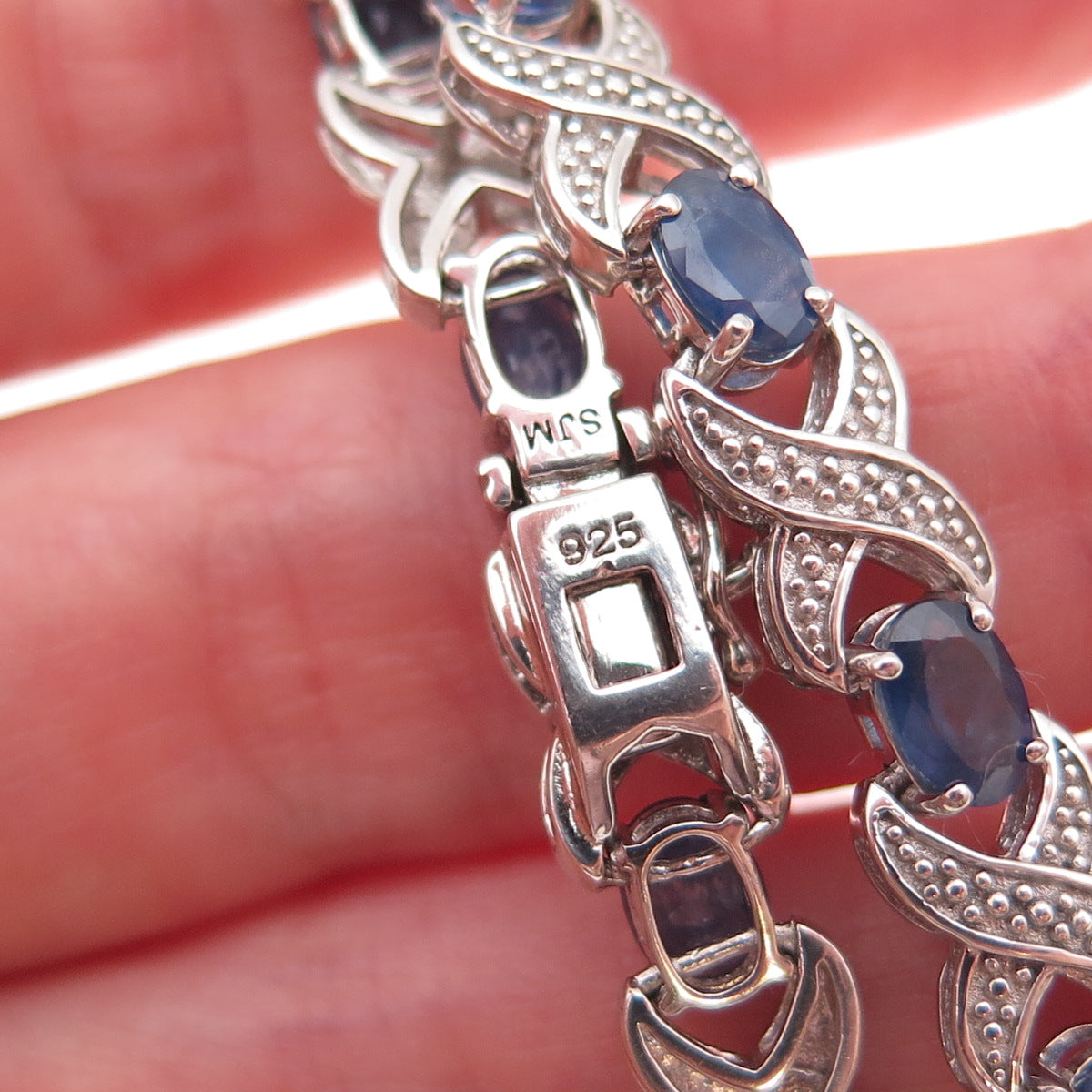 925 Sterling Silver Real Diamond & Sapphire X-Link Bracelet 7.25"