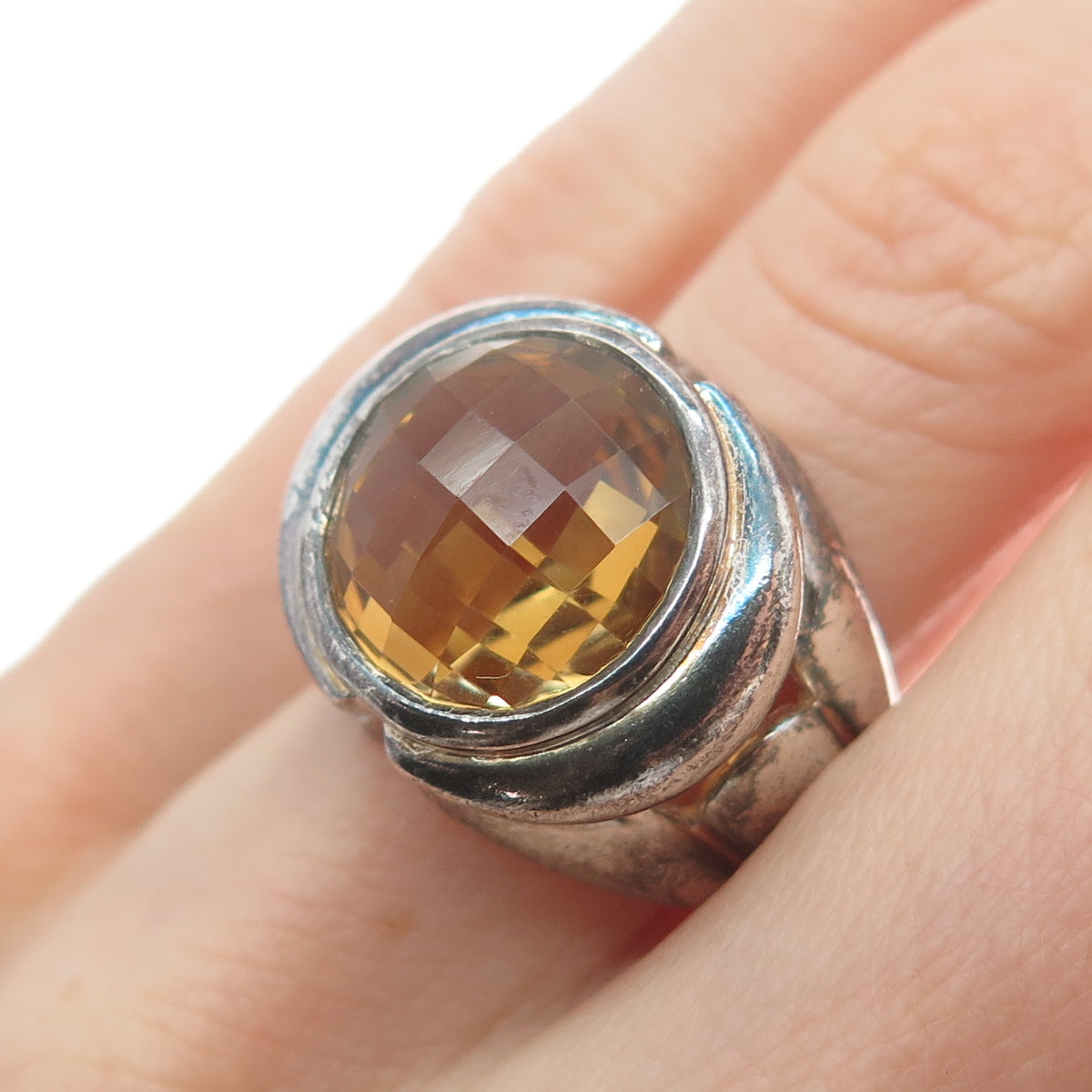 925 Sterling Silver Vintage Real Citrine Modernist Oxidized Ring Size 5