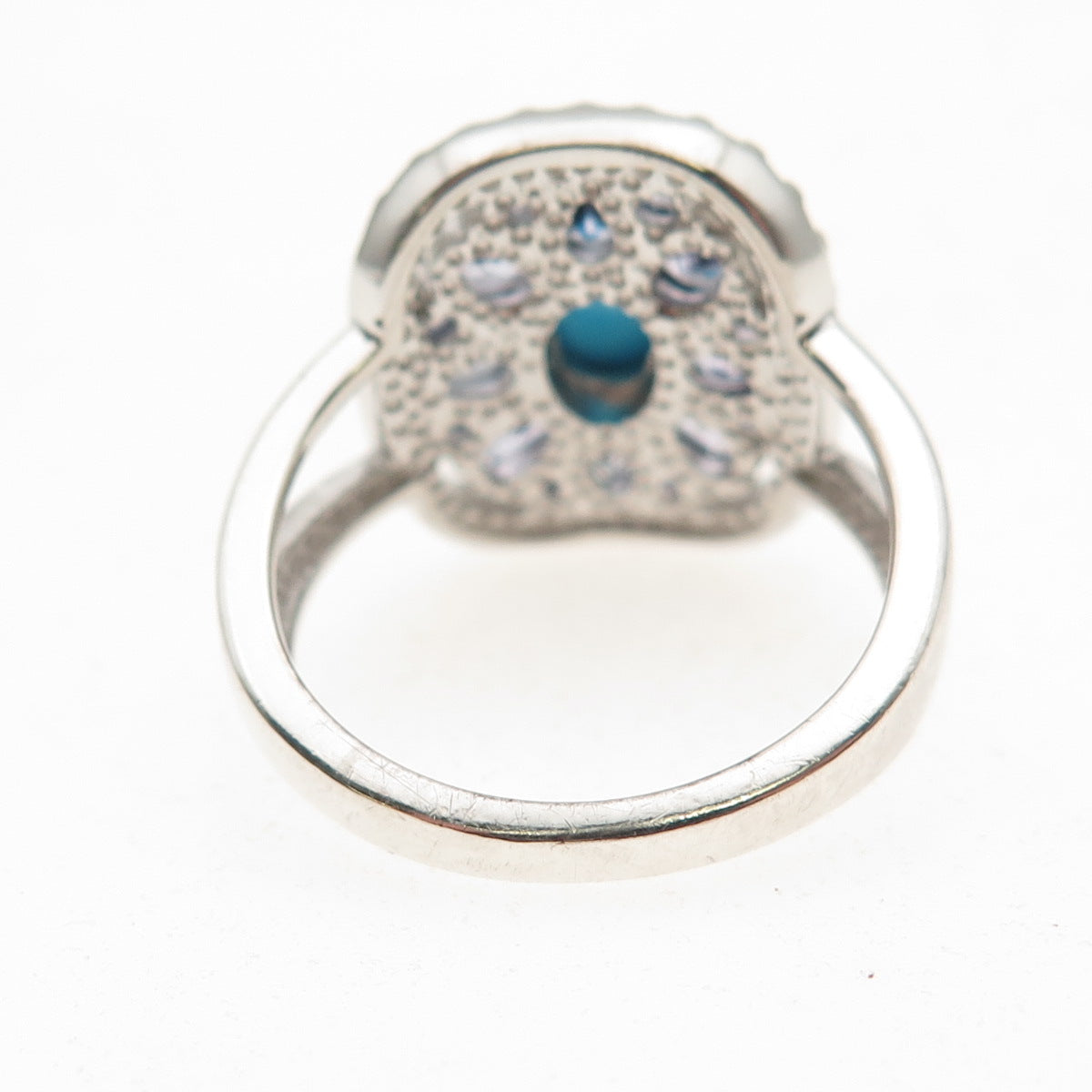 925 Sterling Silver Real Turquoise & Tanzanite Floral Ring Size 7.25