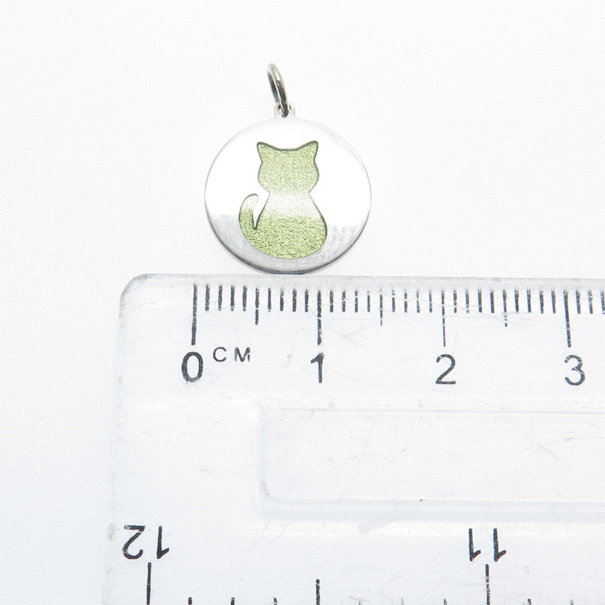 925 Sterling Silver Lime Green Enamel Cat Round Tag Minimalist Charm Pendant