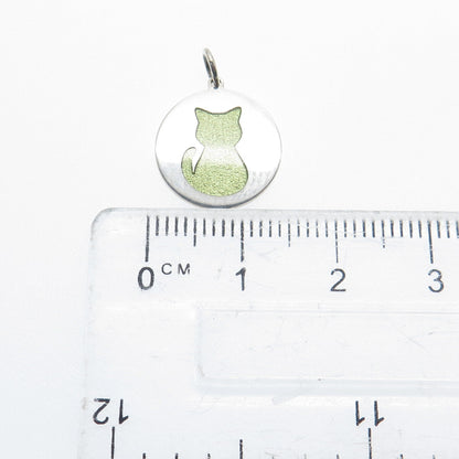 925 Sterling Silver Lime Green Enamel Cat Round Tag Minimalist Charm Pendant