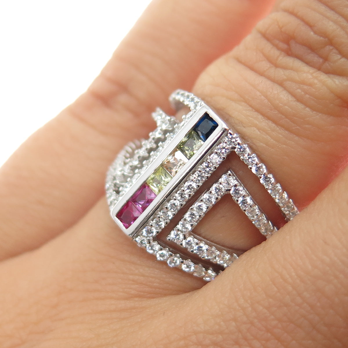 925 Sterling Silver Princess & Round-Cut Multi-Color C Z Ring Size 6.75