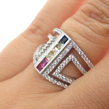 925 Sterling Silver Princess & Round-Cut Multi-Color C Z Ring Size 6.75