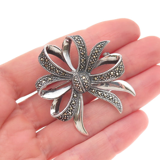 925 Sterling Silver Vintage Real Marcasite Floral Bow Oxidized Pin Brooch