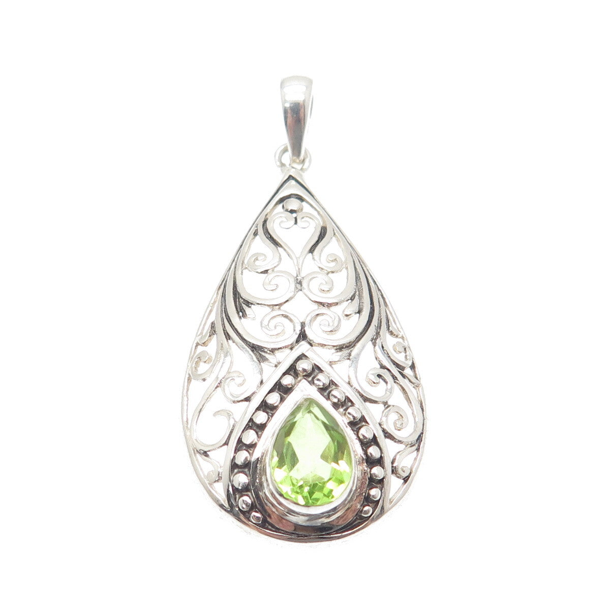 925 Sterling Silver Vintage GDS Real Pear-Cut Peridot Teardrop Ornate Pendant