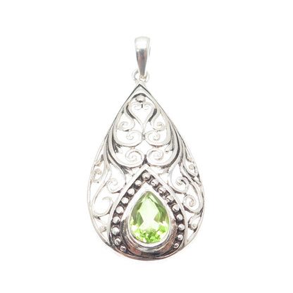 925 Sterling Silver Vintage GDS Real Pear-Cut Peridot Teardrop Ornate Pendant