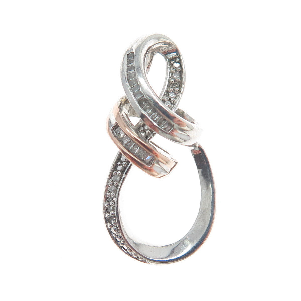 SUN 925 Sterling Silver & 14K Rose Gold Real Round-Cut Diamond Twisted Pendant