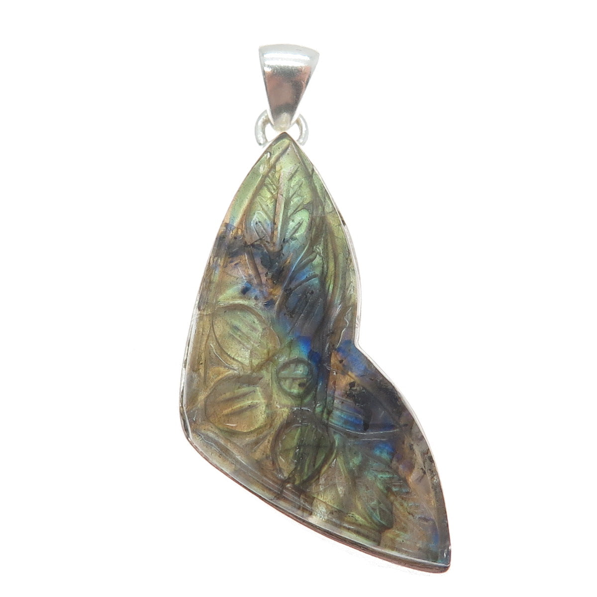 925 Sterling Silver Vintage Real Labradorite Carved Flower Charm Pendant